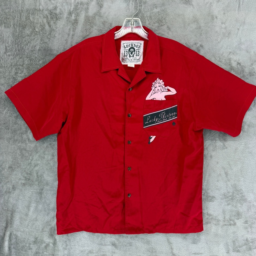 Lucky 13 Mens Red Pinup Girl Rockabilly‎ Short Sleeve Button Up Shirt Large USA
